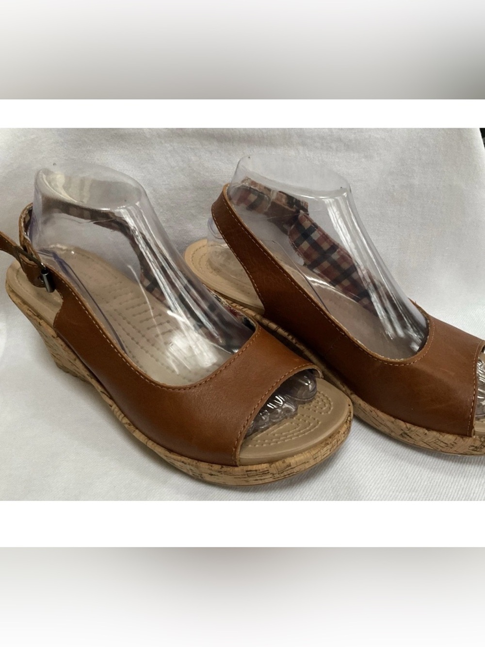 CROCS A Leigh Cocoa Leather  Slingback Cork Wedge Sandal 11848 Women’s Size 9 In